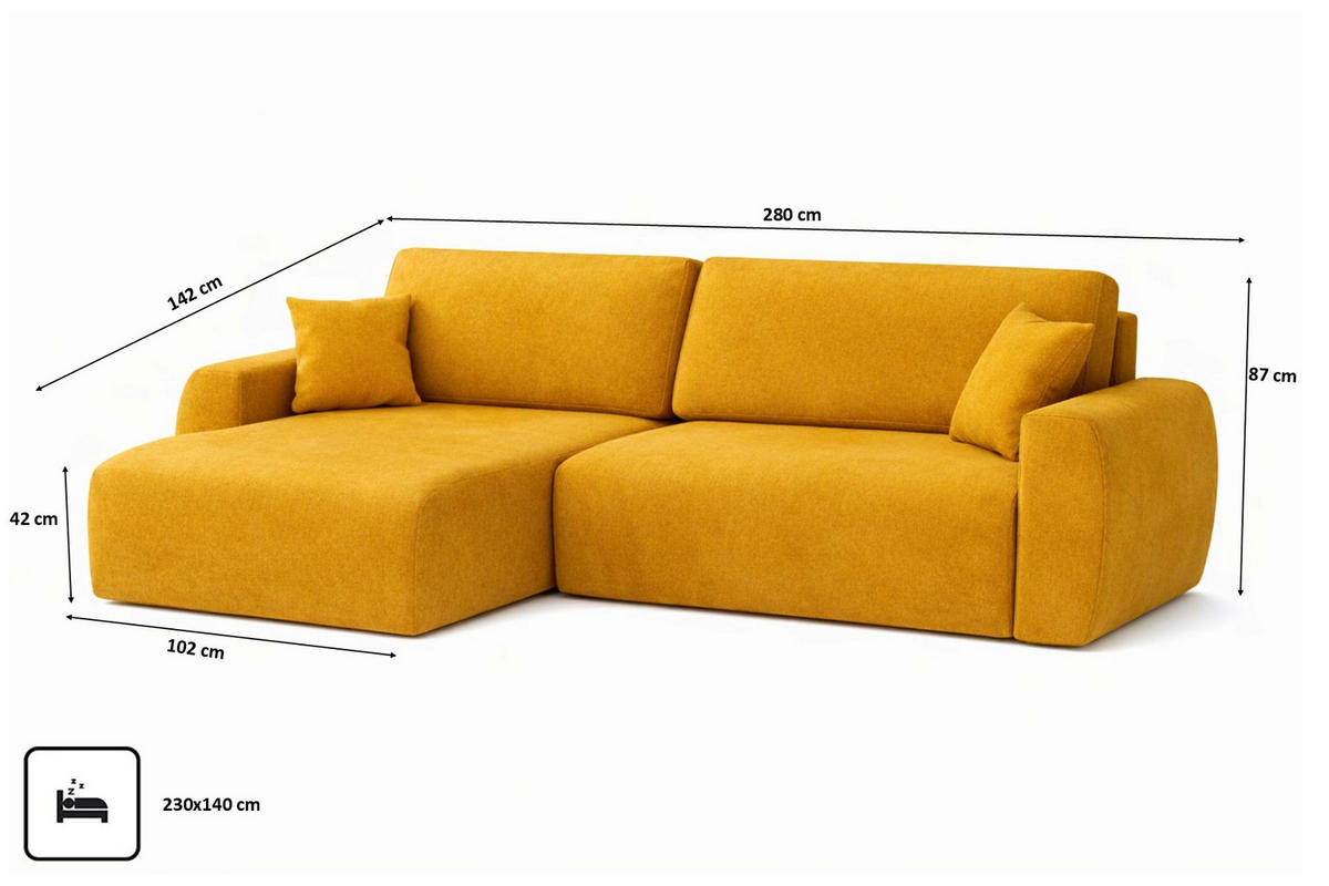 ECKSOFA Mit Schlaffunktion, Ariel XL, Velours, Stoff Salvador, Gelb, Links - Gelb, Holz (280/142cm) - Kaiser Möbel