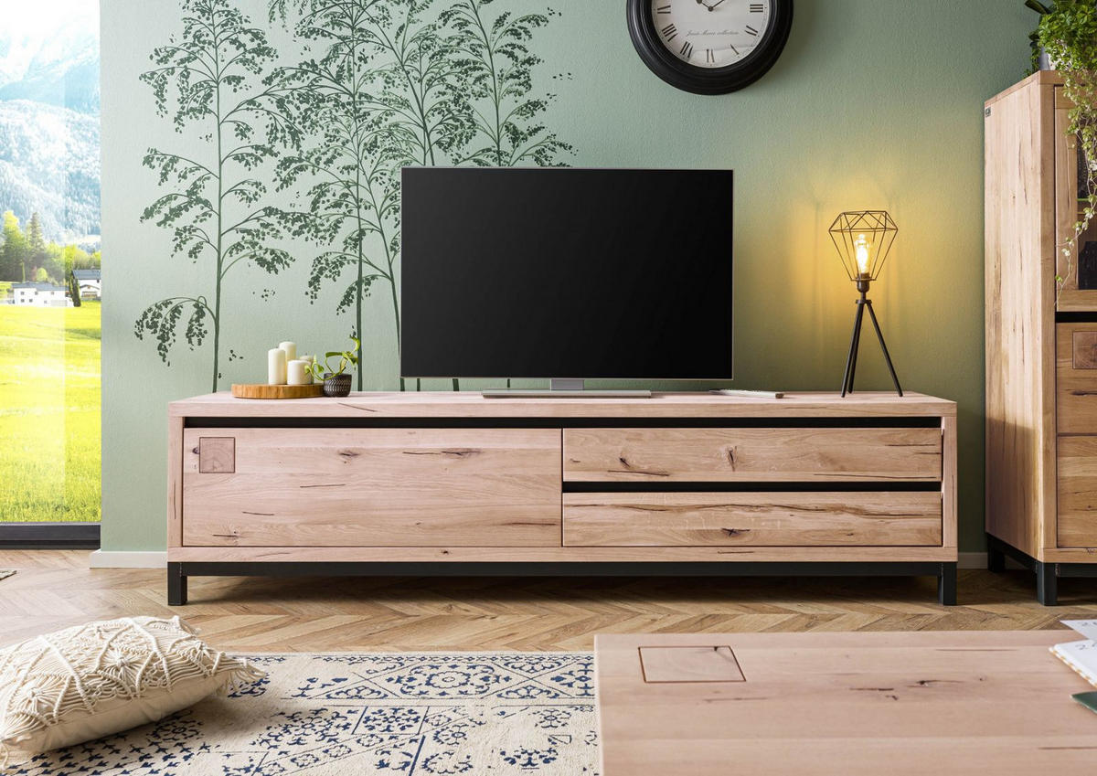TV-BOARD Wildeiche 220x40x56 bianco geölt VILLANDERS #254 - Beige, Holz (220/56/40cm) - Massivmoebel24