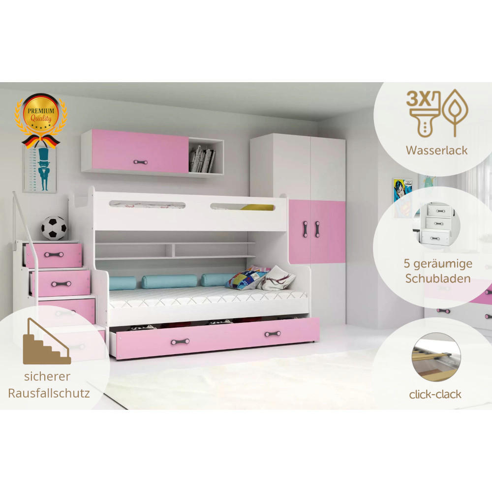 ETAGENBETT Max 3 200x80cm / 200x120cm mit Schublade und Lattenrost - Hellrosa/Weiß, Holzwerkstoff (120/200cm) - Interbeds