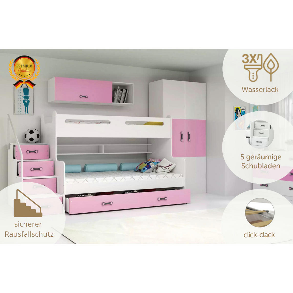ETAGENBETT Max 3 200x80cm / 200x120cm mit Schublade und Lattenrost - Hellrosa/Weiß, Holzwerkstoff (120/200cm) - Interbeds
