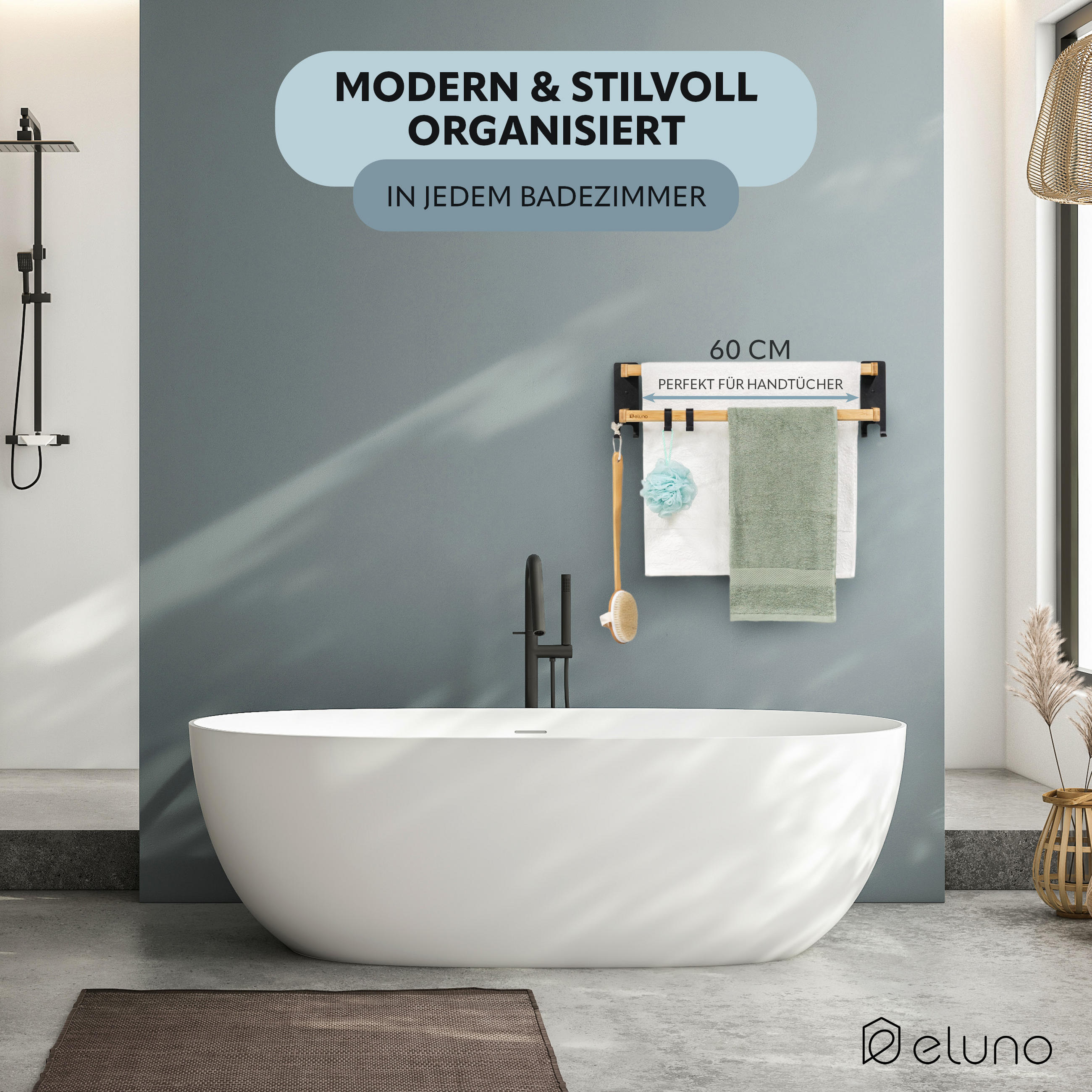 HANDTUCHHALTER, Metall schwarz mit Bambus - Schwarz, Holz (64.5/18/12cm) - eluno