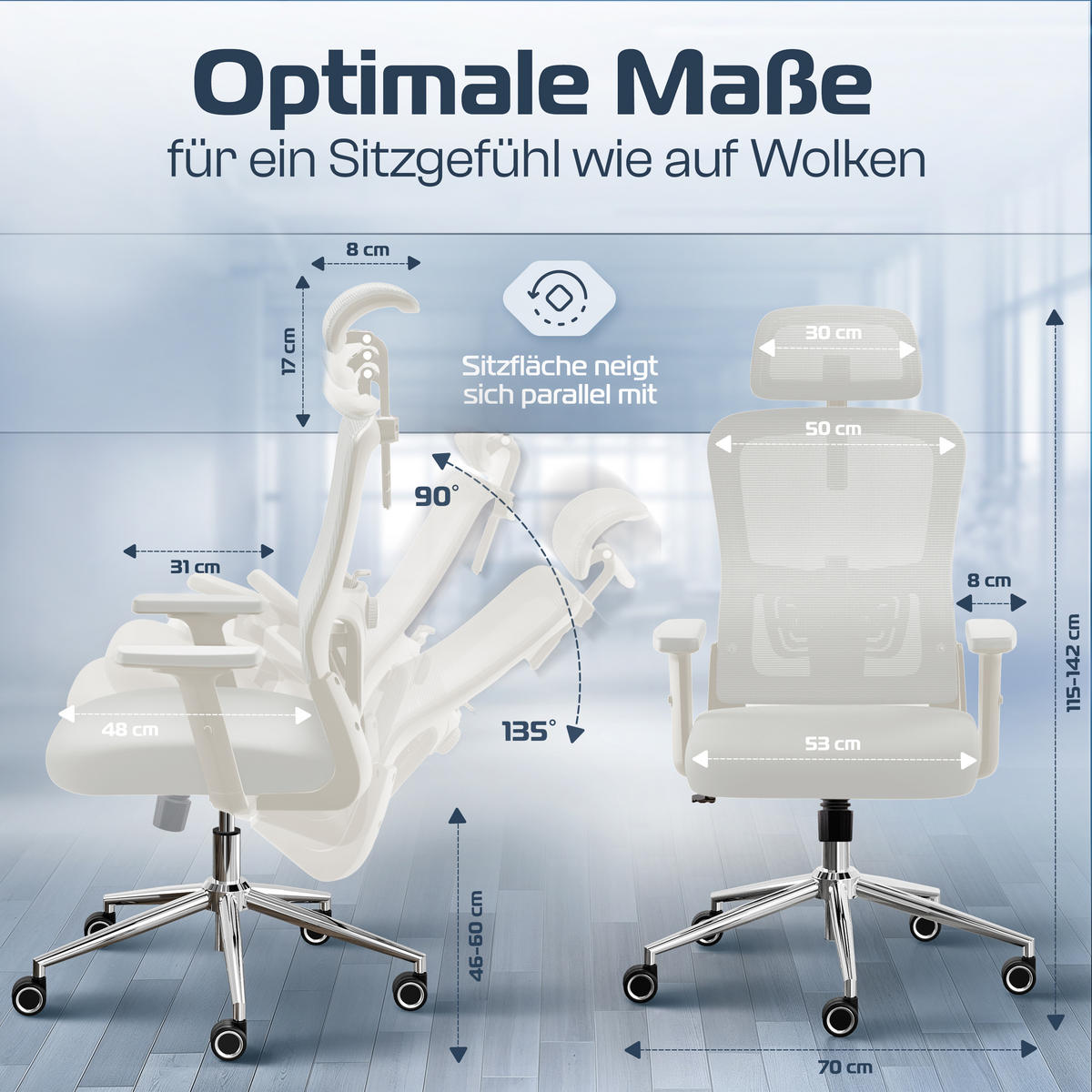 BÜROSTUHL BrightSeat Creme-Weiß - Beige/Silberfarben, Kunststoff/Textil (70/142/70cm) - Clouvou