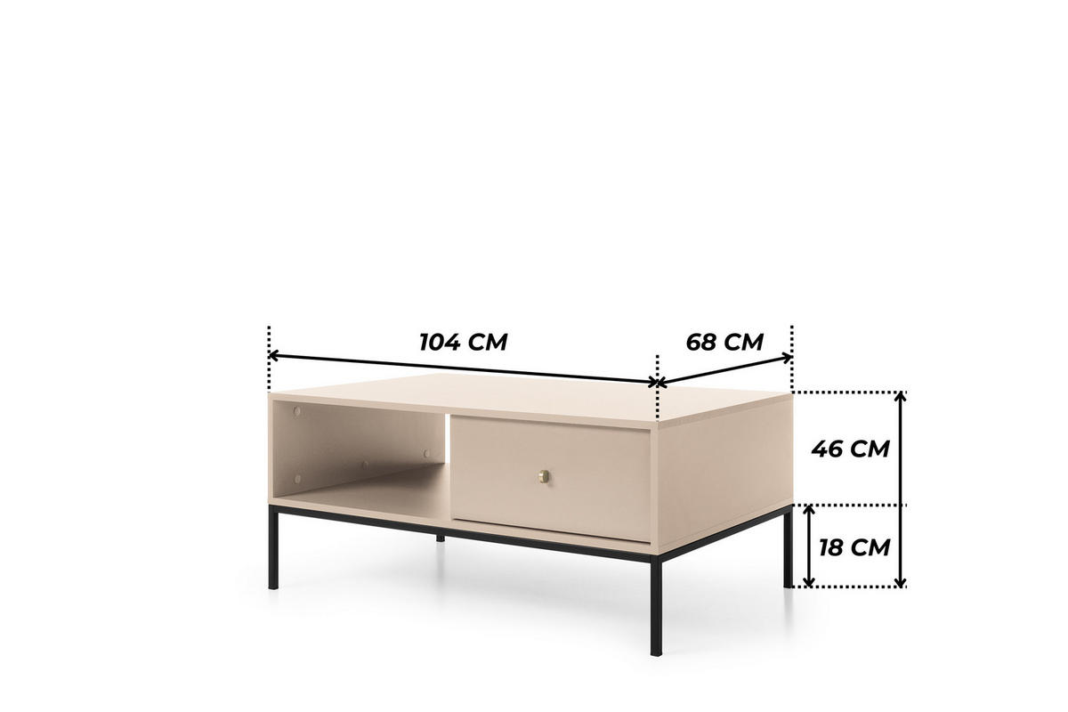 COUCHTISCH BARI Ł2SZ (Beige, Goldene Griffe, Schwarzes Gestell, Schubladen) - Beige/Goldfarben, Holz/Holzwerkstoff (68/104/46cm) - Ravio