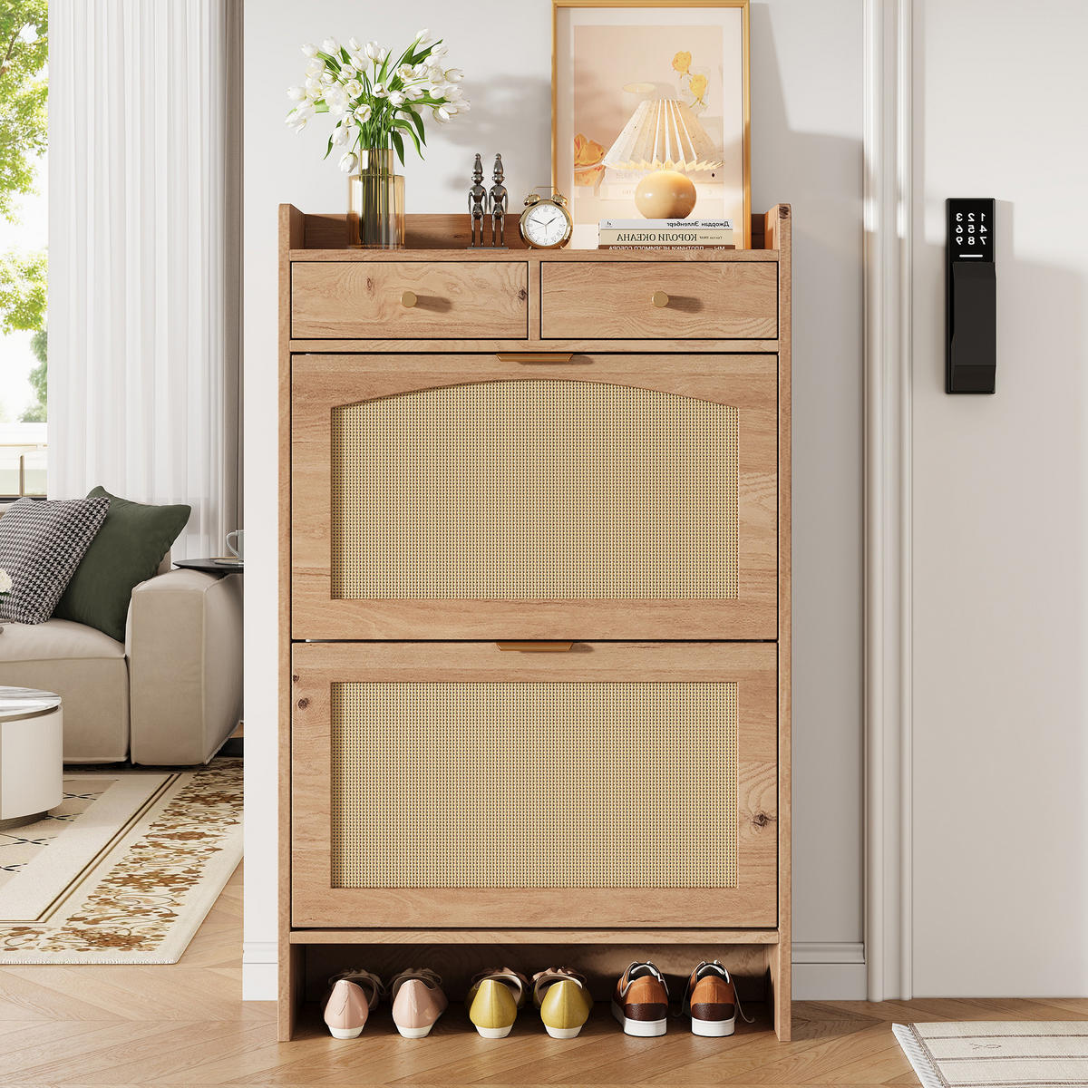 SCHUHSCHRANK 65x25x106cm Holzoptik mit Rattan-Doppeltüren - Naturfarben, Holzwerkstoff (65/106/25cm) - FLIEKS