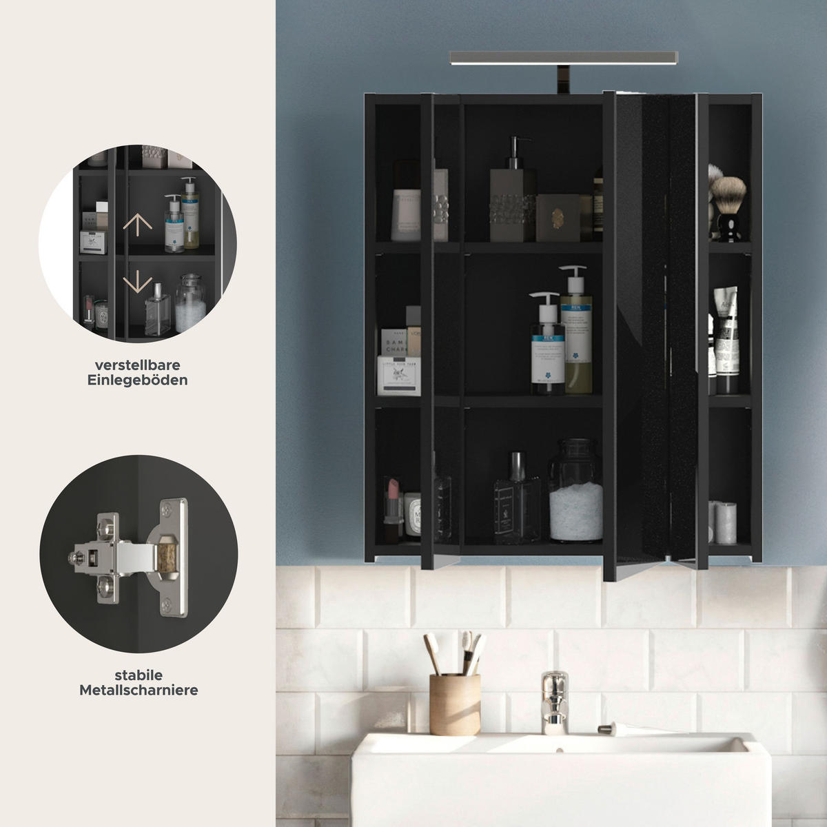 SPIEGELSCHRANK inkl. Beleuchtung LINUS (B/H/T: ca. 60/71/19 cm) in schwarz/Spiegelglas - Schwarz, Holzwerkstoff (60/71/19cm)