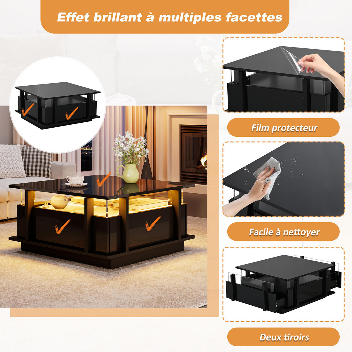 COUCHTISCH 70/70/35 cm Schwarz aus Holzwerkstoff mit LED-Beleuchtung und 2 Schubladen - Schwarz, Holzwerkstoff (70/70/35cm) - OKWISH