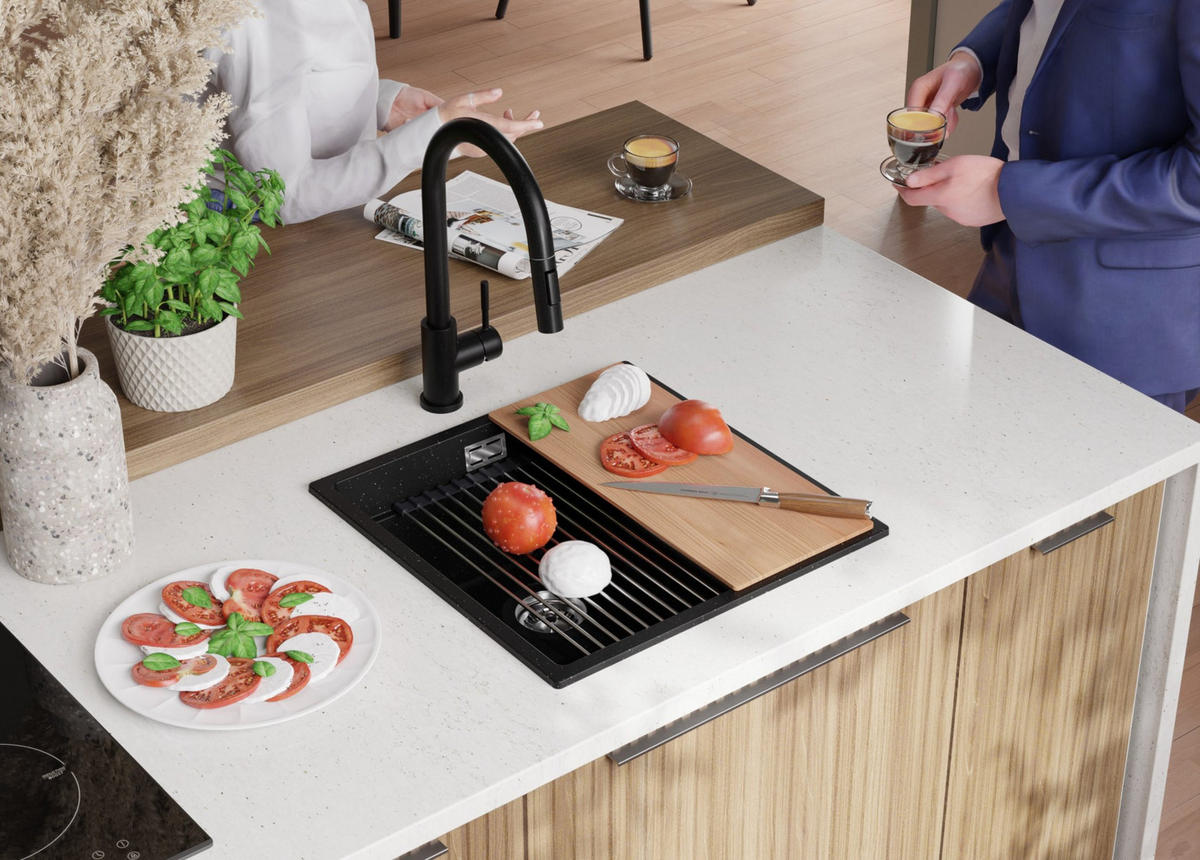 SPÜLBECKEN Praga Slim, 2-er set Schwarz Metallic 46/47 cm 1 Becken + Ablauf-Set + Aufrollbare Abtropffläche ab 50er Unterschrank - Chromfarben/Schwarz Hochglanz, Kunststoff (46/20/47cm) - Primagran