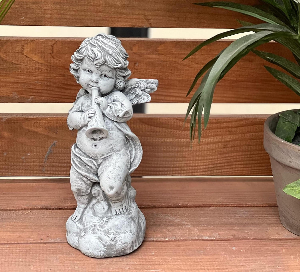 STEINFIGUR Engel mit Trompete Steinguss, frostfest - Grau, Stein (8/19/7cm) - stoneandstyle