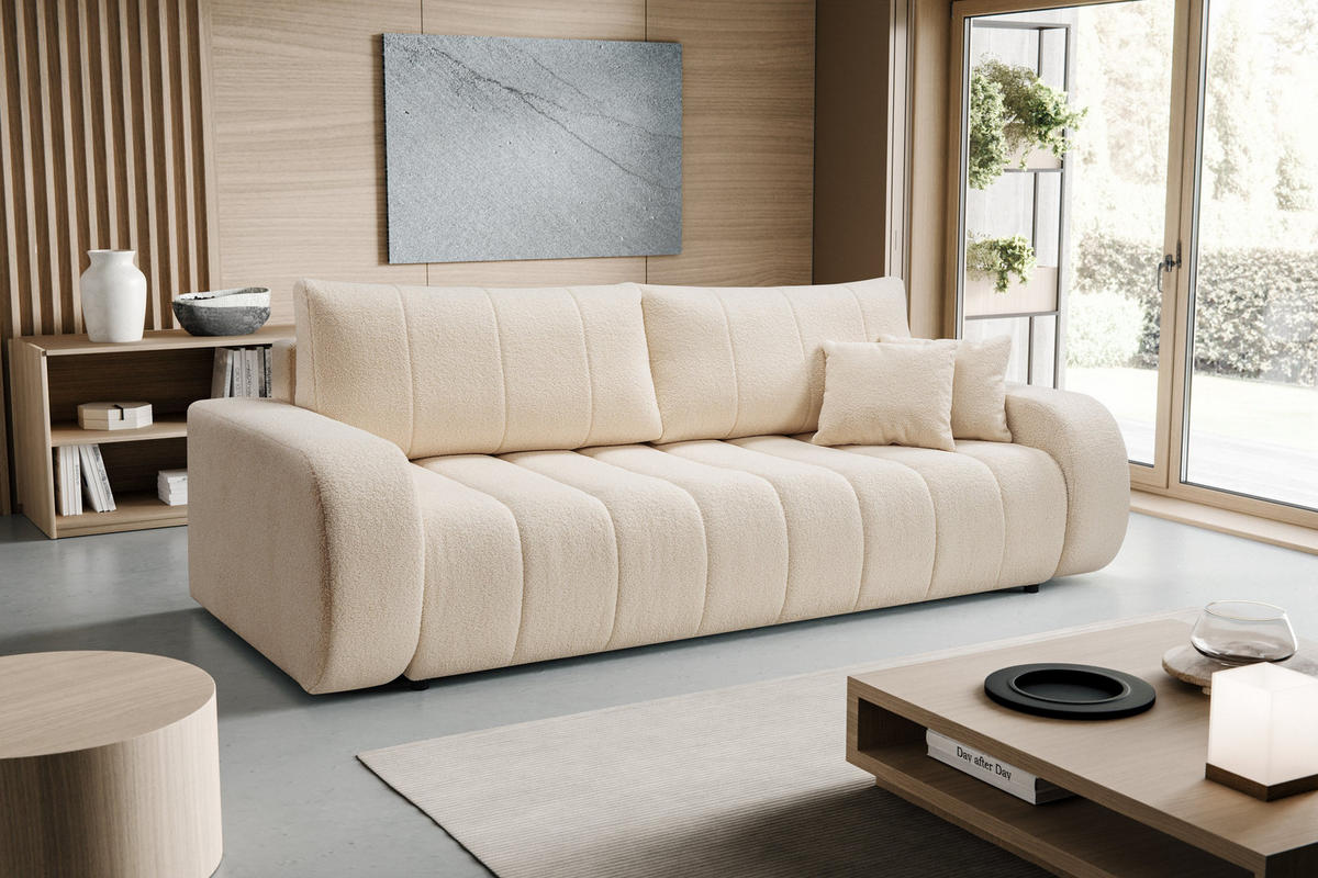 BETTSOFA GIOIA Creme Bucle-Stoff mit Schlaffunktion - Creme, Holz (248/88/105cm) - MASSENO