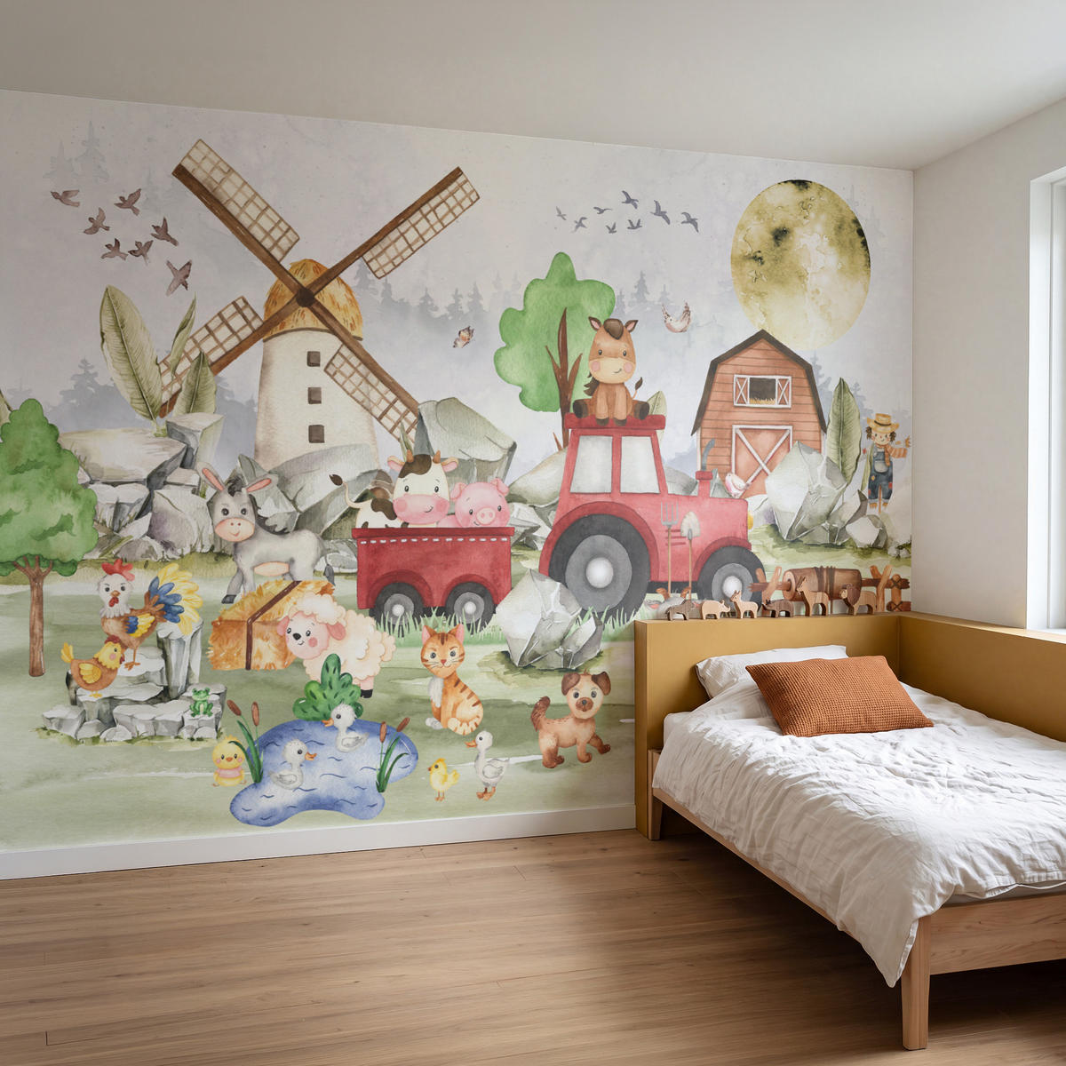 KINDERTAPETE - Bauernhof - Traktor - Kinder - Tiere - 350x220 cm - Weiß, Papier (350/220cm) - OnlyWow