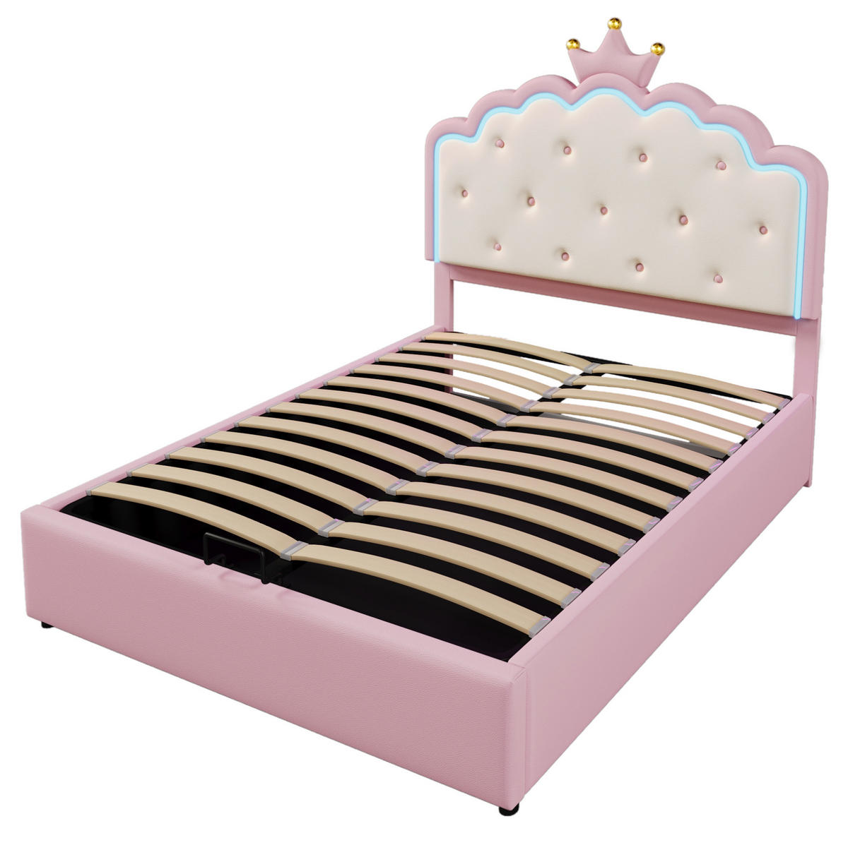 POLSTERBETT mit LED und Stauraum 140x200 cm PU Rosa mit Lattenrost - Pink, Metall (140/200cm) - Beauniv