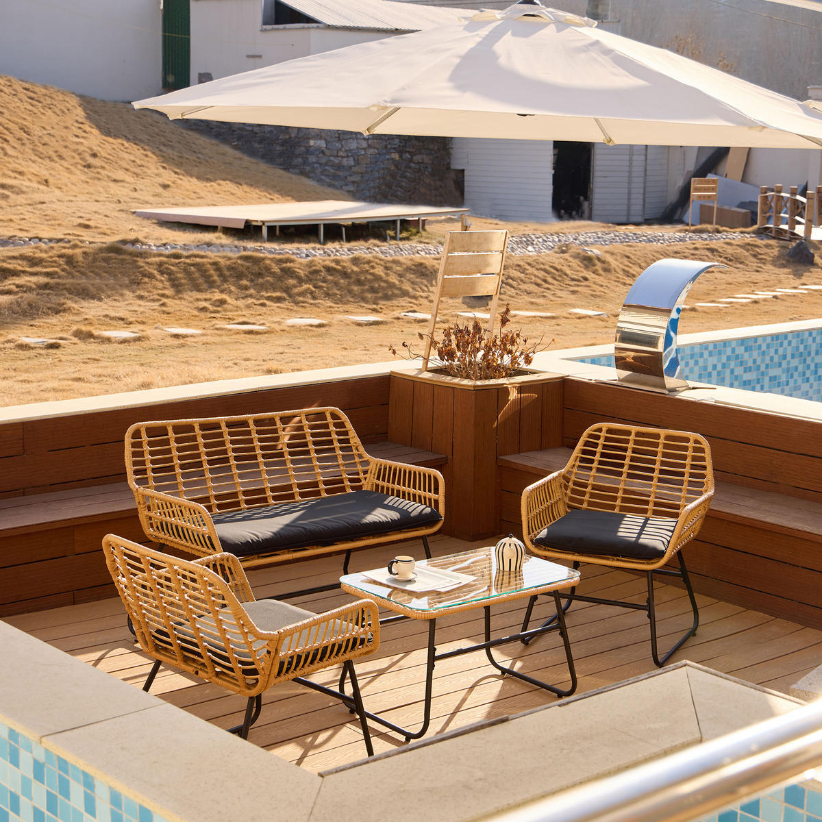 GARTENMOEBELSET Rattan - Schwarz - Dunkelgrau, Holz - Nordlys