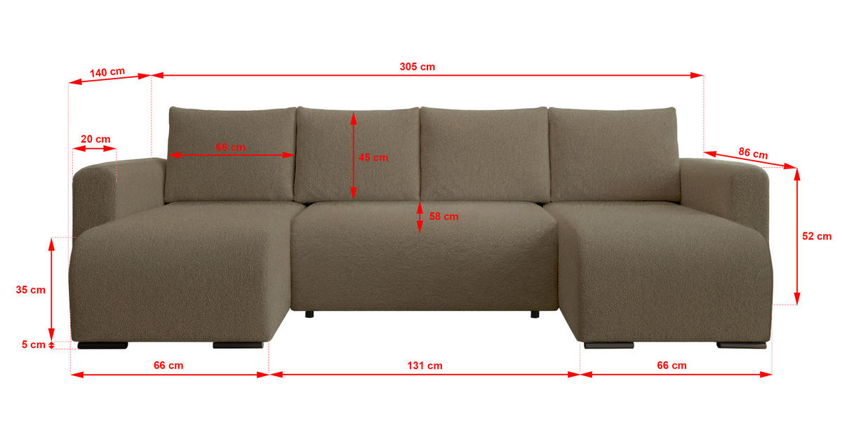 WOHNLANDSCHAFT DORA U mit Bettkasten und Schlaffunktion, U-Form, bequem - Cappuccino, Textil (305/85/140cm) - Storez24