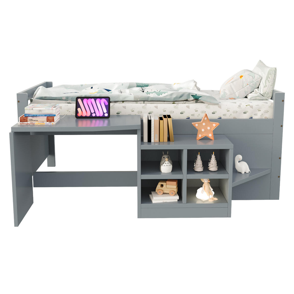 KINDERBETT 90/200 cm DE-01454, in Grau, mit Schreibtisch und Steckdose - Grau, Holzwerkstoff (90/200cm) - ComfortXL