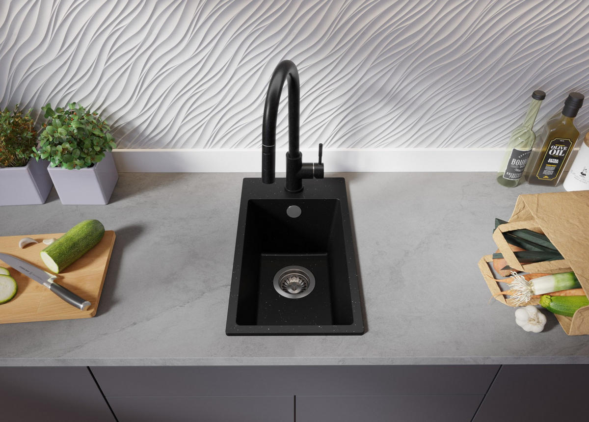 SPÜLBECKEN Riga, 2-er set Schwarz Metallic 28/50 cm 1 Becken + Ablauf-Set ab 30er Unterschrank - Chromfarben/Schwarz Hochglanz, Kunststoff (28/20/50cm) - Primagran