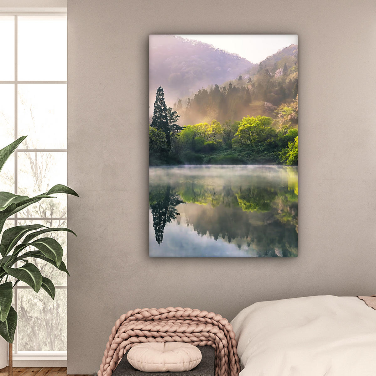 LEINWANDBILD Natur - Bäume - Berge - See - Wasser 90x140 cm - Hellgrün, Textil (90/140cm) - MuchoWow
