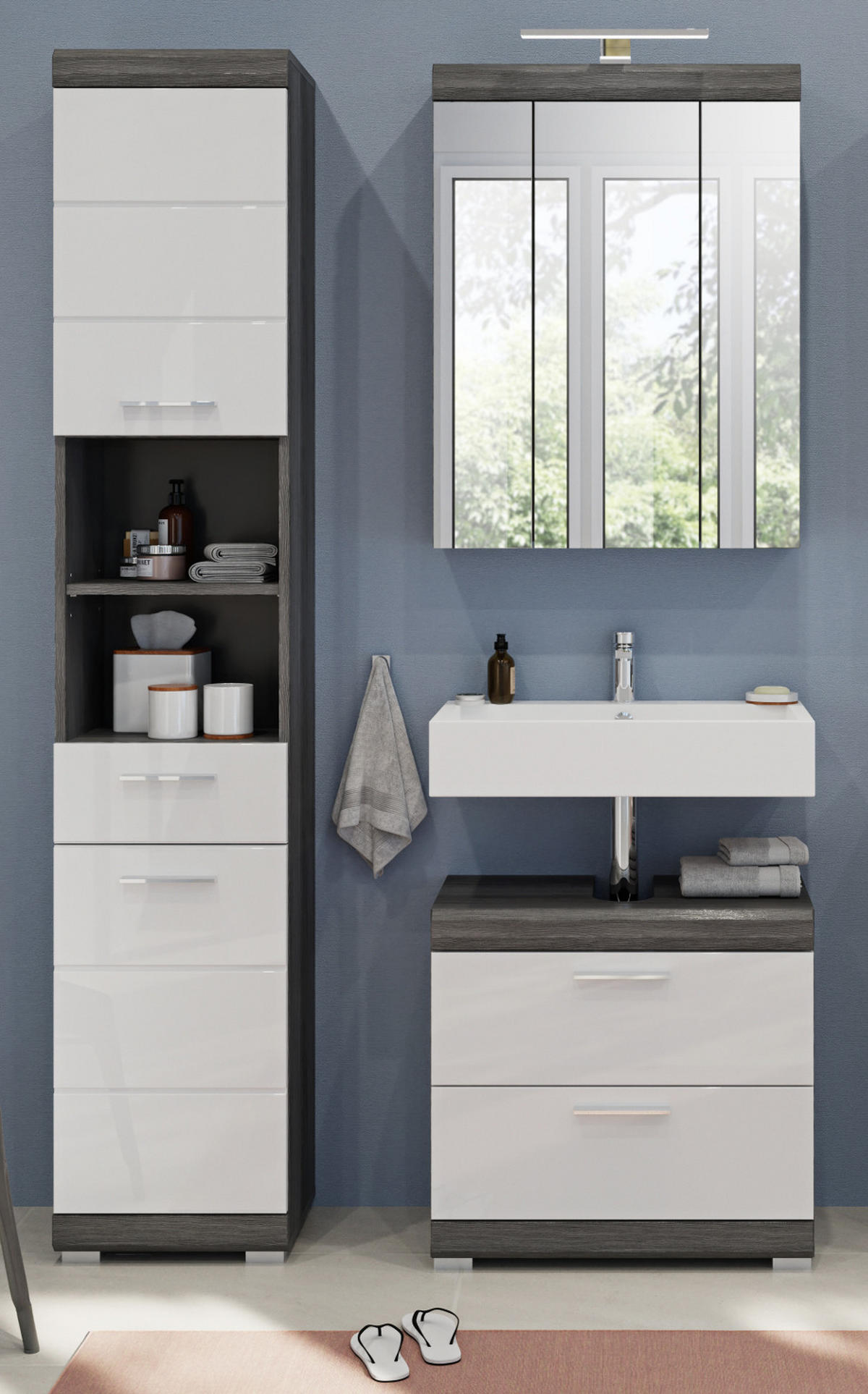 BADMÖBEL-SET weiß Hochglanz, grau 3-teilig 112 cm, Komplettset mit 15 Fächern - Weiß Hochglanz/Grau, Holzwerkstoff (112/191/34cm) - Inn.Furn