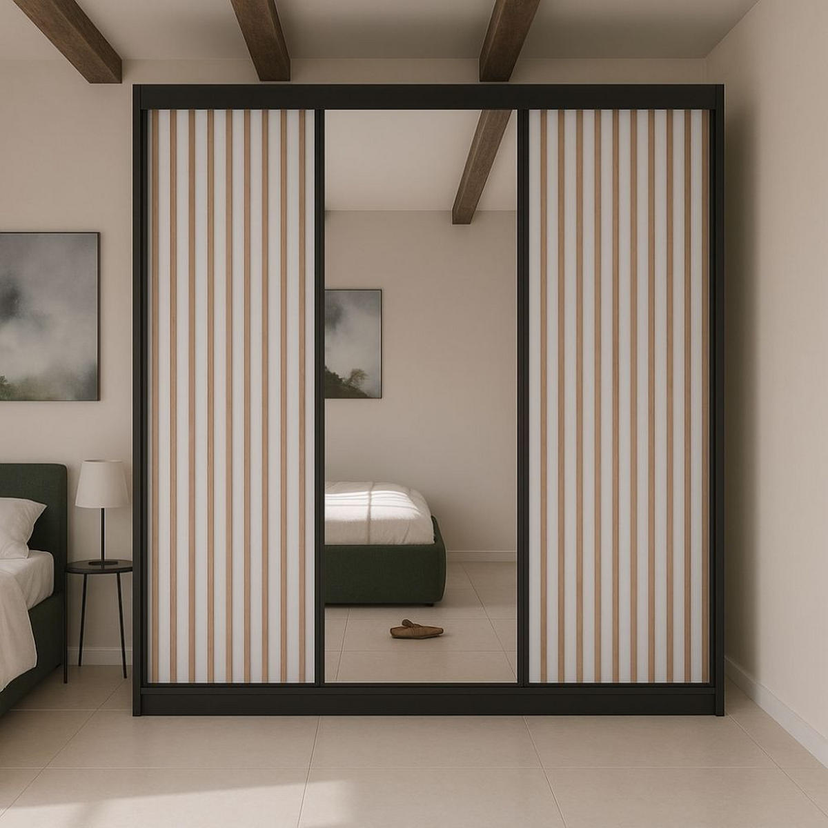 SCHWEBETÜRENSCHRANK Lami mit Spiegel und Lamellen, 215x200x61cm, Schwarz+Weiß - Schwarz/Weiß, Holzwerkstoff (200/215/61cm) - AN-Moebel 4u