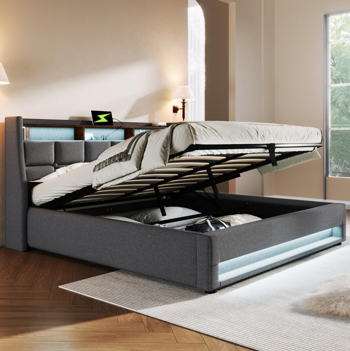 POLSTERBETT 180/200 cm grau mit USB-Anschluss und LED-Beleuchtung - Grau, Textil (180/200cm) - OKWISH