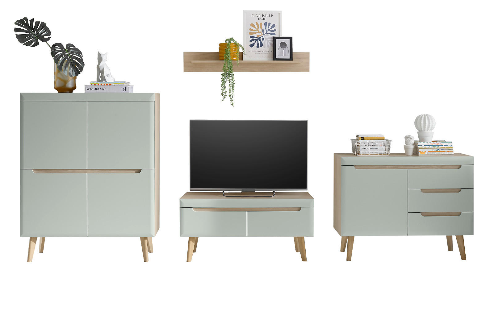 WOHNWAND 4-teilig pistazie grün, Eiche, skandinavisch 360 cm, Wohnkombination mit Soft-Close - Eichefarben/Pastellgrün, Eichenholz/Holz (361/170/40cm) - Furn.Design