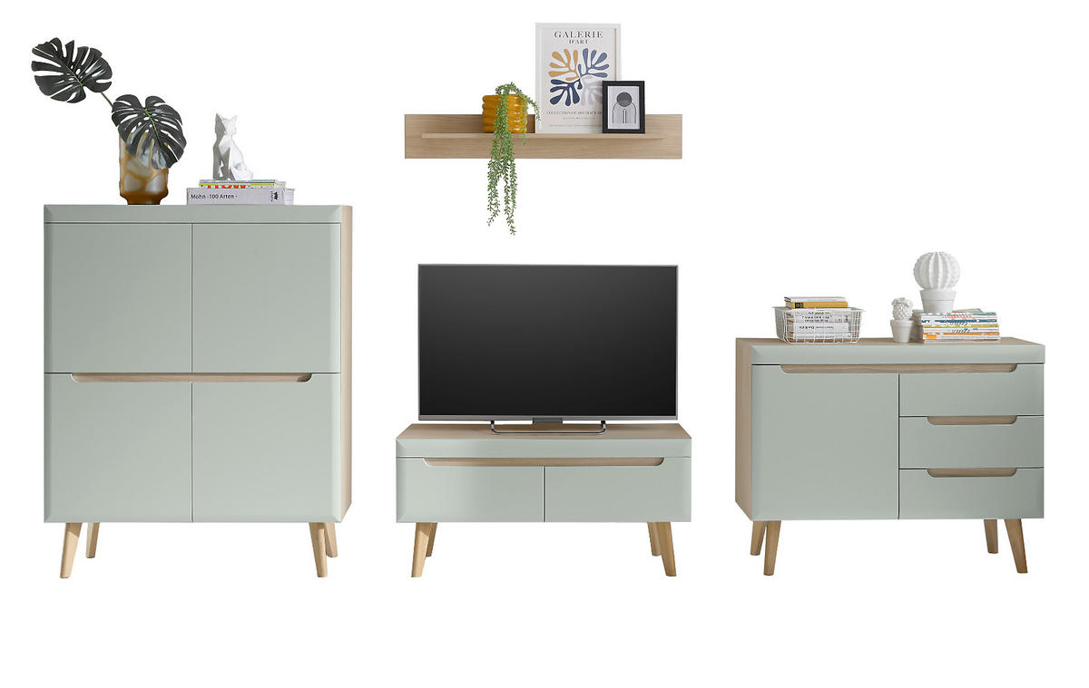 WOHNWAND 4-teilig pistazie grün, Eiche, skandinavisch 360 cm, Wohnkombination mit Soft-Close - Eichefarben/Pastellgrün, Eichenholz/Holz (361/170/40cm) - Furn.Design