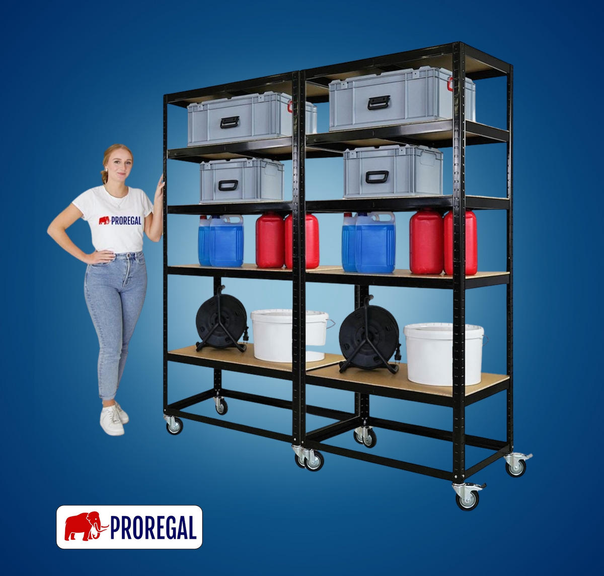 KOMMISSIONIERWAGEN 2er Set BÜFFEL 190x90x50cm 5 Ebenen Fachlast 50kg 2X Lenkrollen & 2X Lenkrollen mit Feststellbremse Schwarz - Schwarz, Metall (180/190/50cm) - PROREGAL