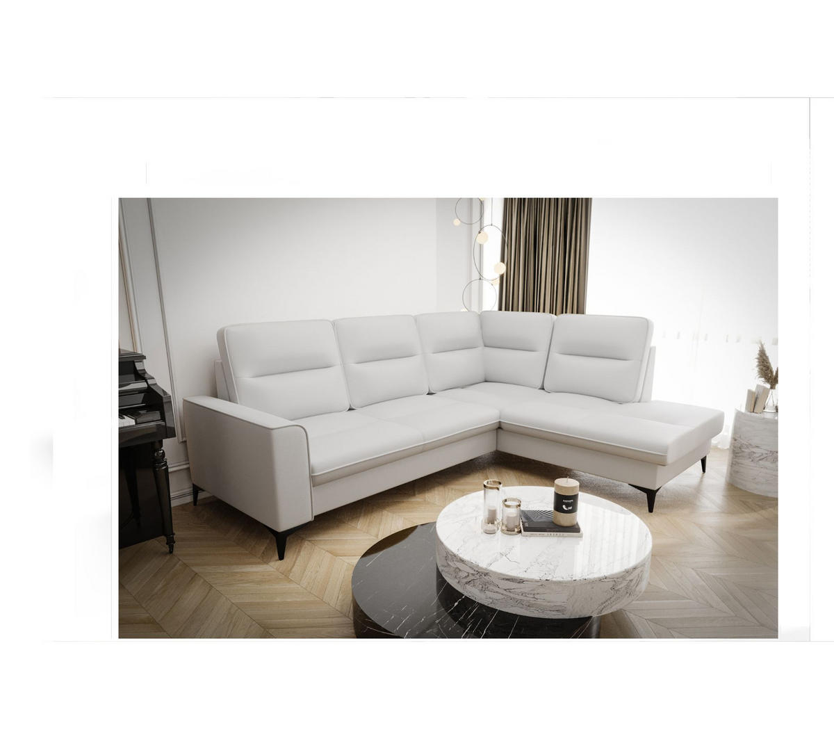 ECKSOFA KONGO RBN14, Eckcouch in L-Form mit Schlaffunktion, Farbe: Weiß, Kunstleder, Ottomane Rechts - Weiß, Textil (260/200cm) - O-Sofa