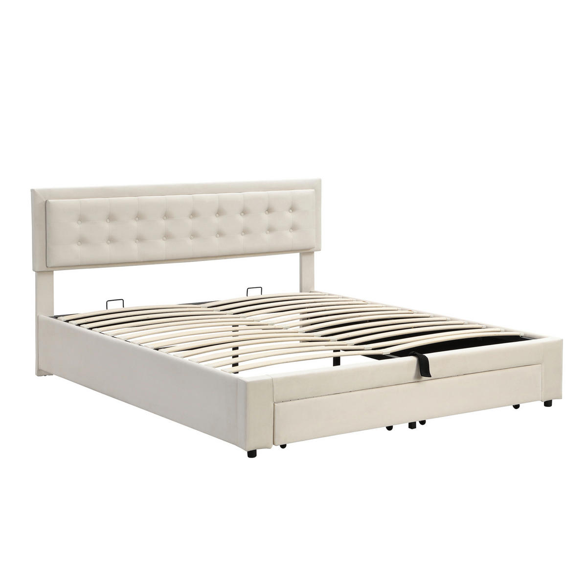 POLSTERBETT 160/200 cm Beige Samt mit Stauraum hydraulischer Bettkasten und höhenverstellbarem Kopfteil - Beige, Textil (160/200cm) - OKWISH