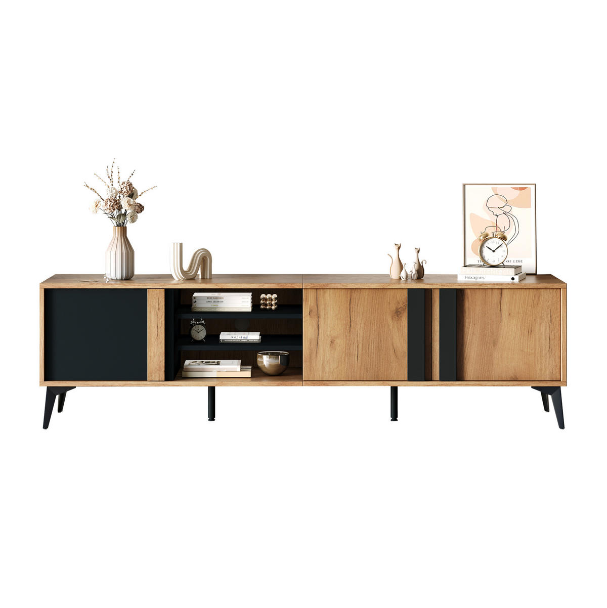 TV-SCHRANK 180/40/50 cm schwarz-braun Spanplatte mit 3 Türen und offenem Fach - Schwarz, Holzwerkstoff (180/50/40cm) - OKWISH