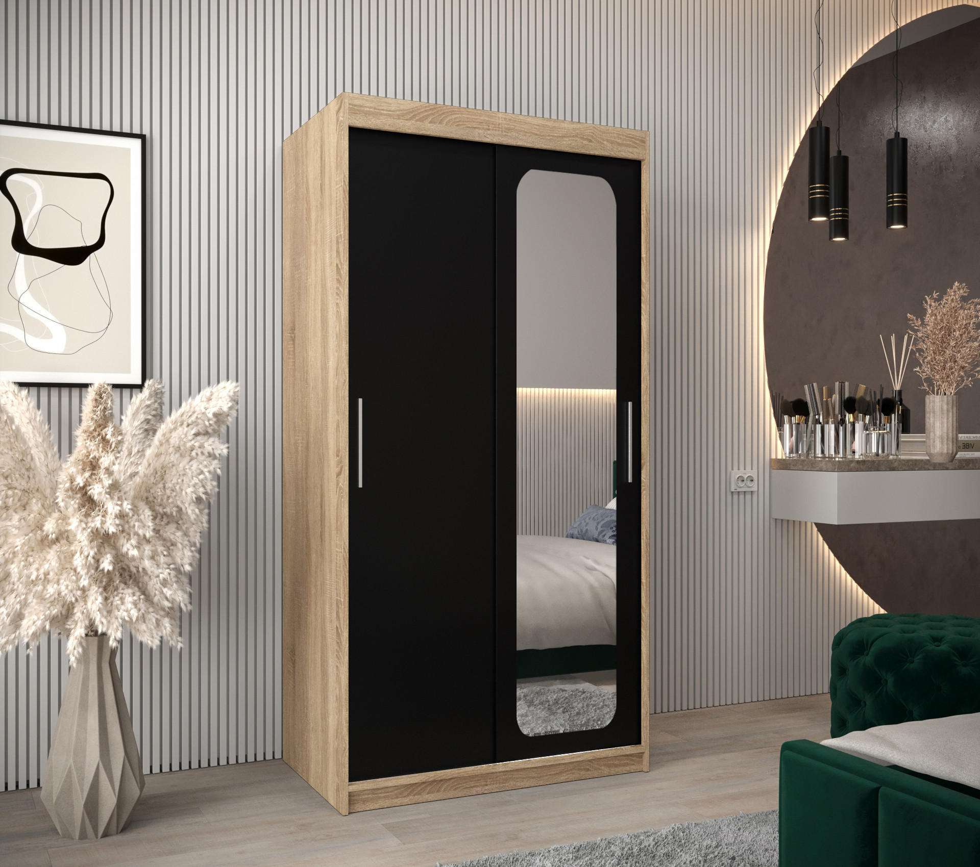 SCHWEBETÜRENSCHRANK 200/100/62 2-türig - Silberfarben/Schwarz, Holz/Kunststoff (100/200/62cm) - Abiks Möbel