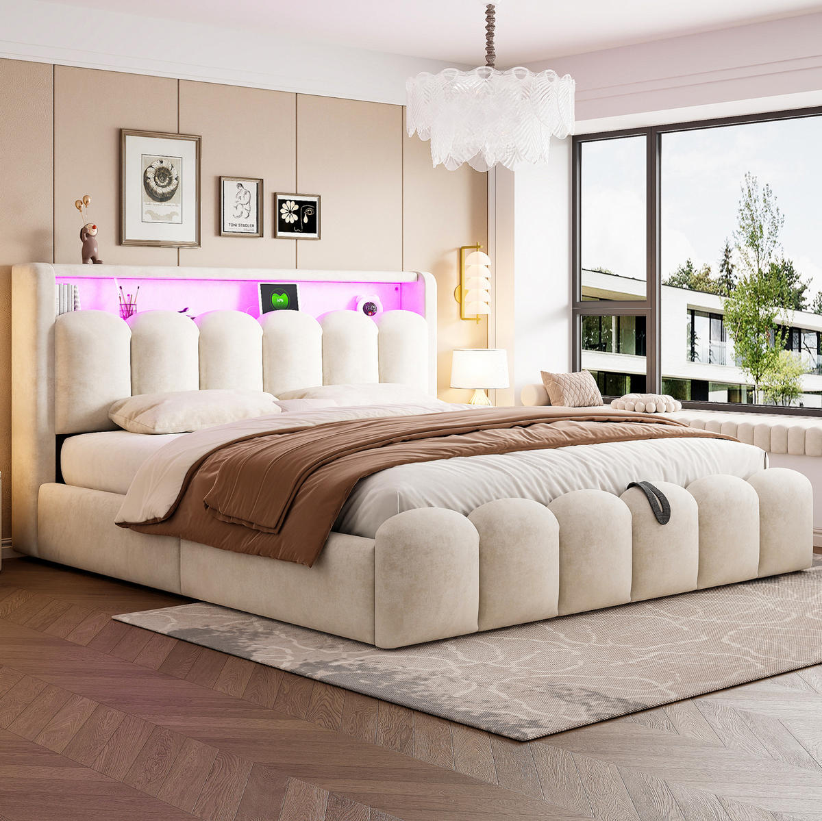 POLSTERBETT 180/200 cm aus Samt mit LED, USB-, Typ-C-Anschluss und hydraulischem Bettkasten, Beige - Beige, Textil (180/200cm) - Redom