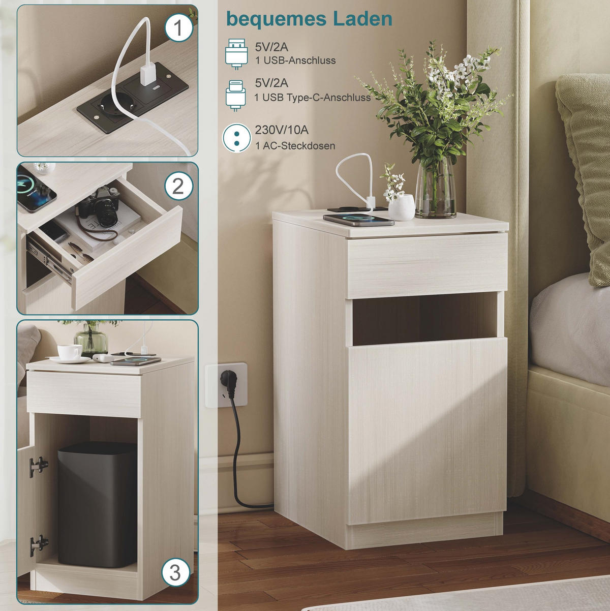 NACHTTISCH 33/61,5/40 cm Weiß aus MDF mit Ladestation - Weiß, Holzwerkstoff (33/61.5/40cm) - OKMYHOME