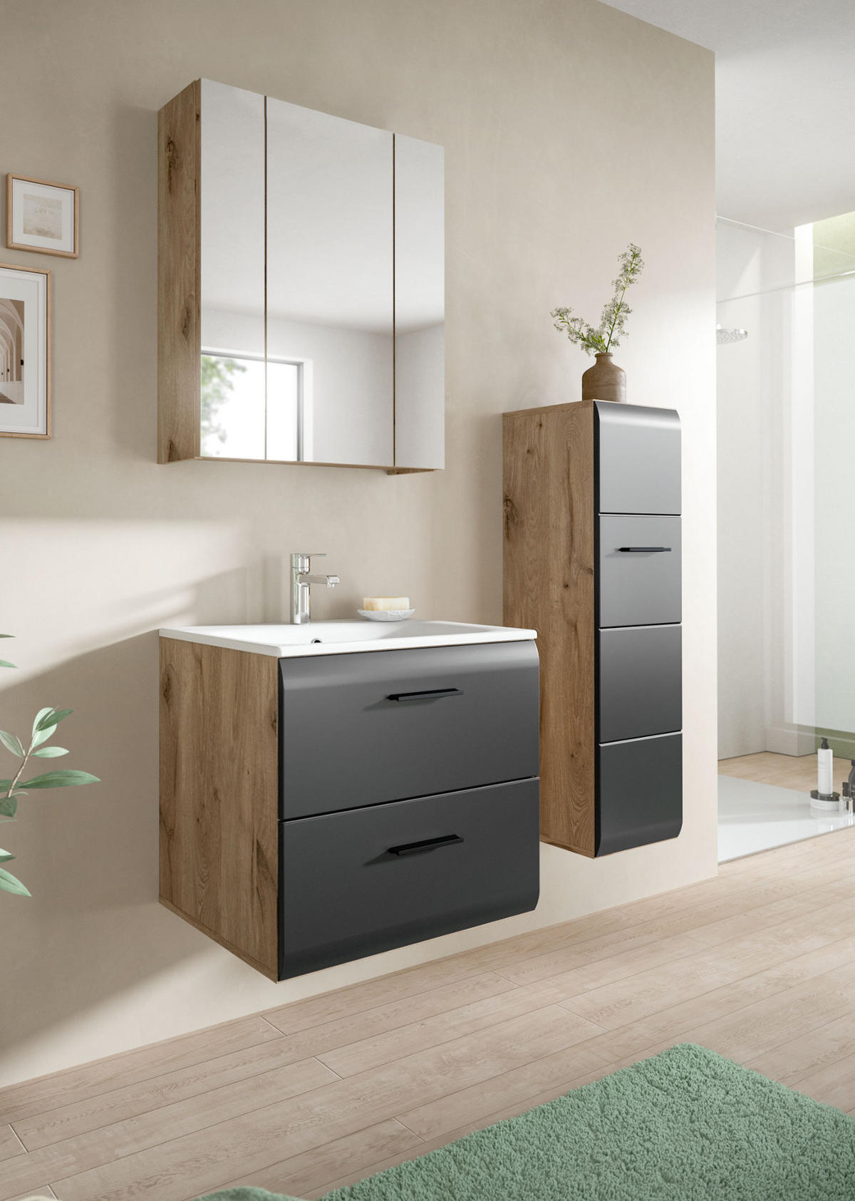 BADMÖBEL Set 3-teilig in schwarz matt und Eiche, Badezimmer komplett mit Waschbecken, 105 x 185 cm Cover - Eichefarben/Schwarz, Glas/Holzwerkstoff (105/185/46cm) - Inn.Furn