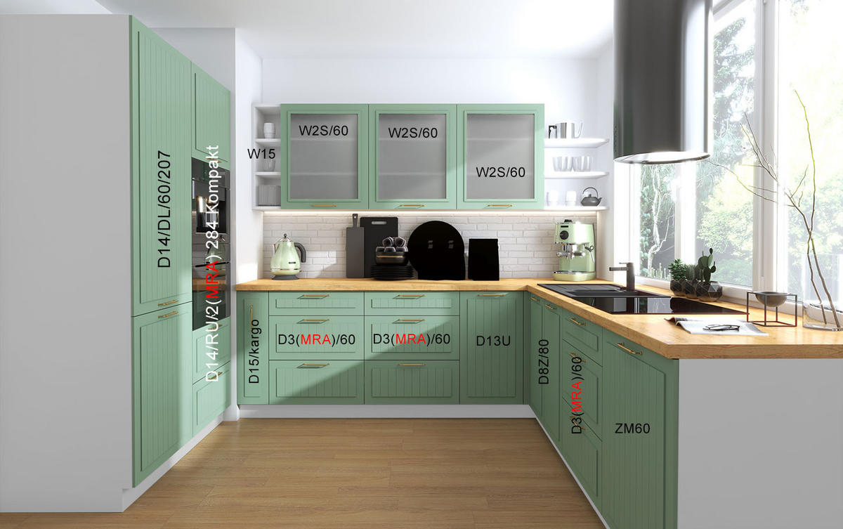 WINKELKÜCHE Livorno blassgrün matt / weiß matt 13-teilig mit Vollauszug (HETTICH InnoTech Atira) - Weiß/Grün, Holzwerkstoff/Metall (240/207/266cm) - Feldmann-Wohnen