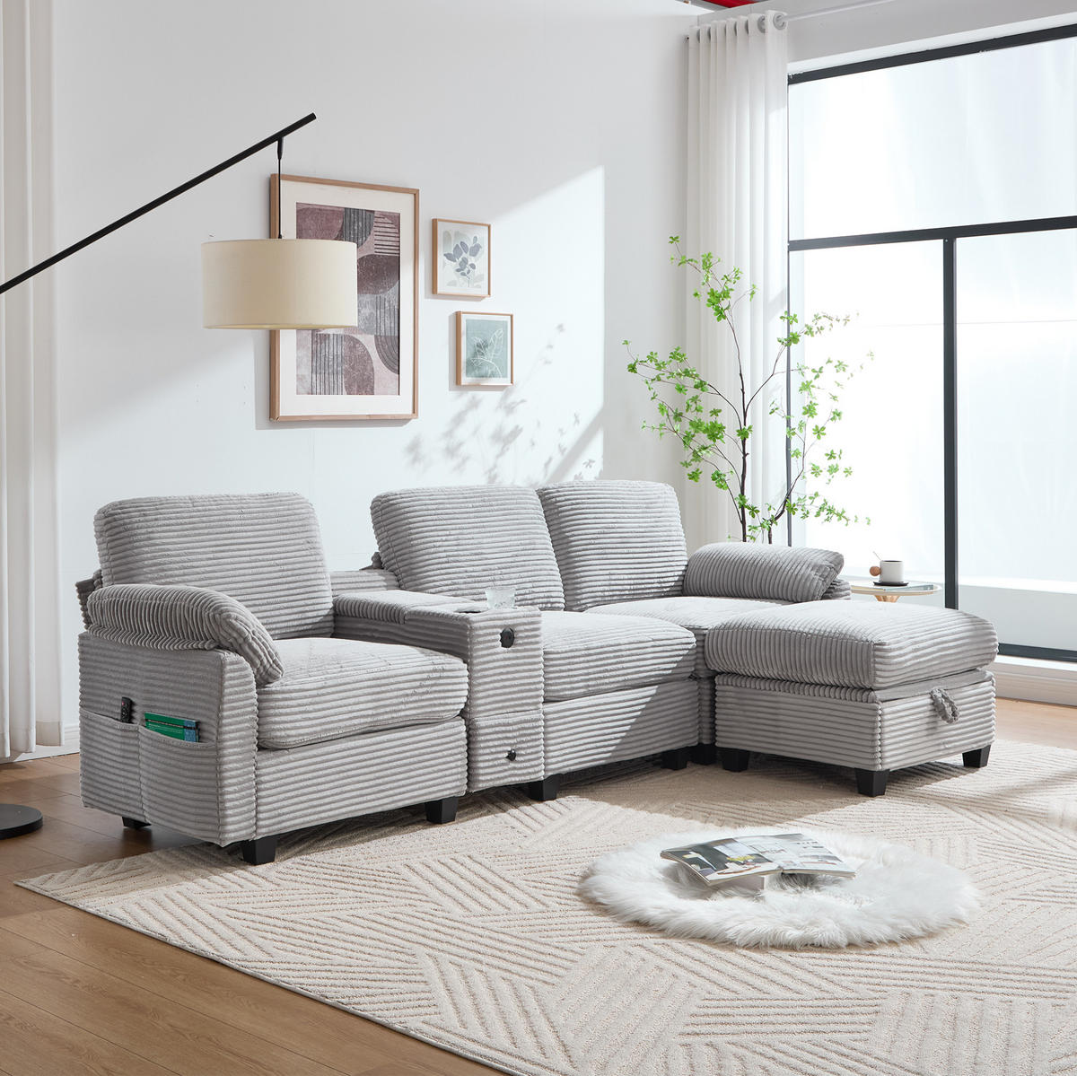 WOHNLANDSCHAFT Cord mit Stauraum und USB-Anschluss 266/136/82 cm Hellgrau - Hellgrau, Textil (136/82/266cm) - Redom