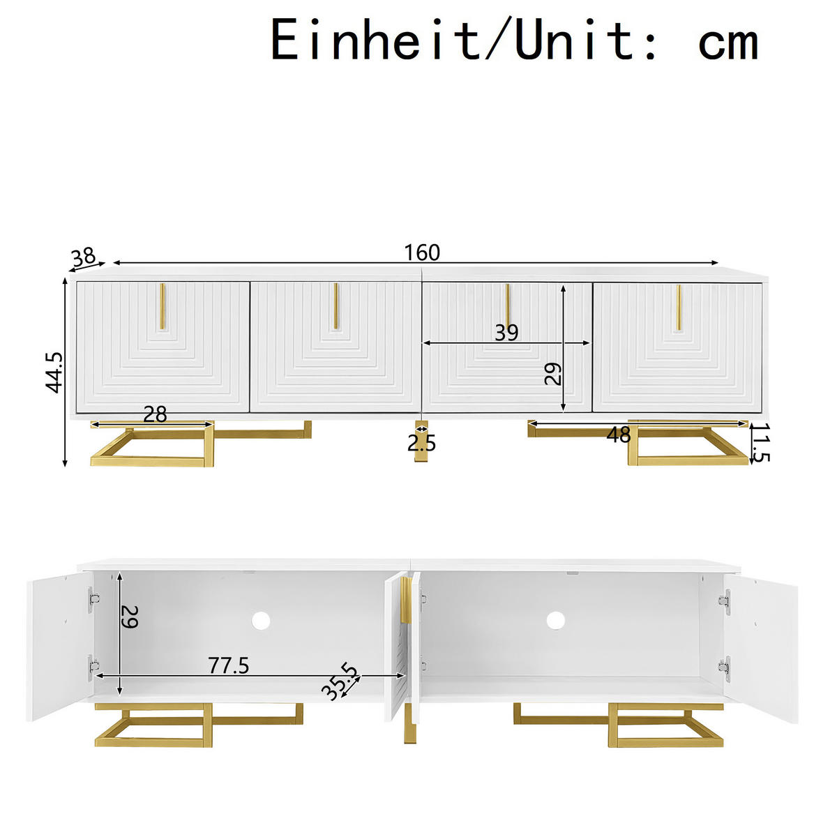 TV ormarić 160/38/44,5 cm bijeli od iverice s 4 vrata i zlatnim nogama - bijela, drvni materijal (160/44.5/38cm) - OKWISH