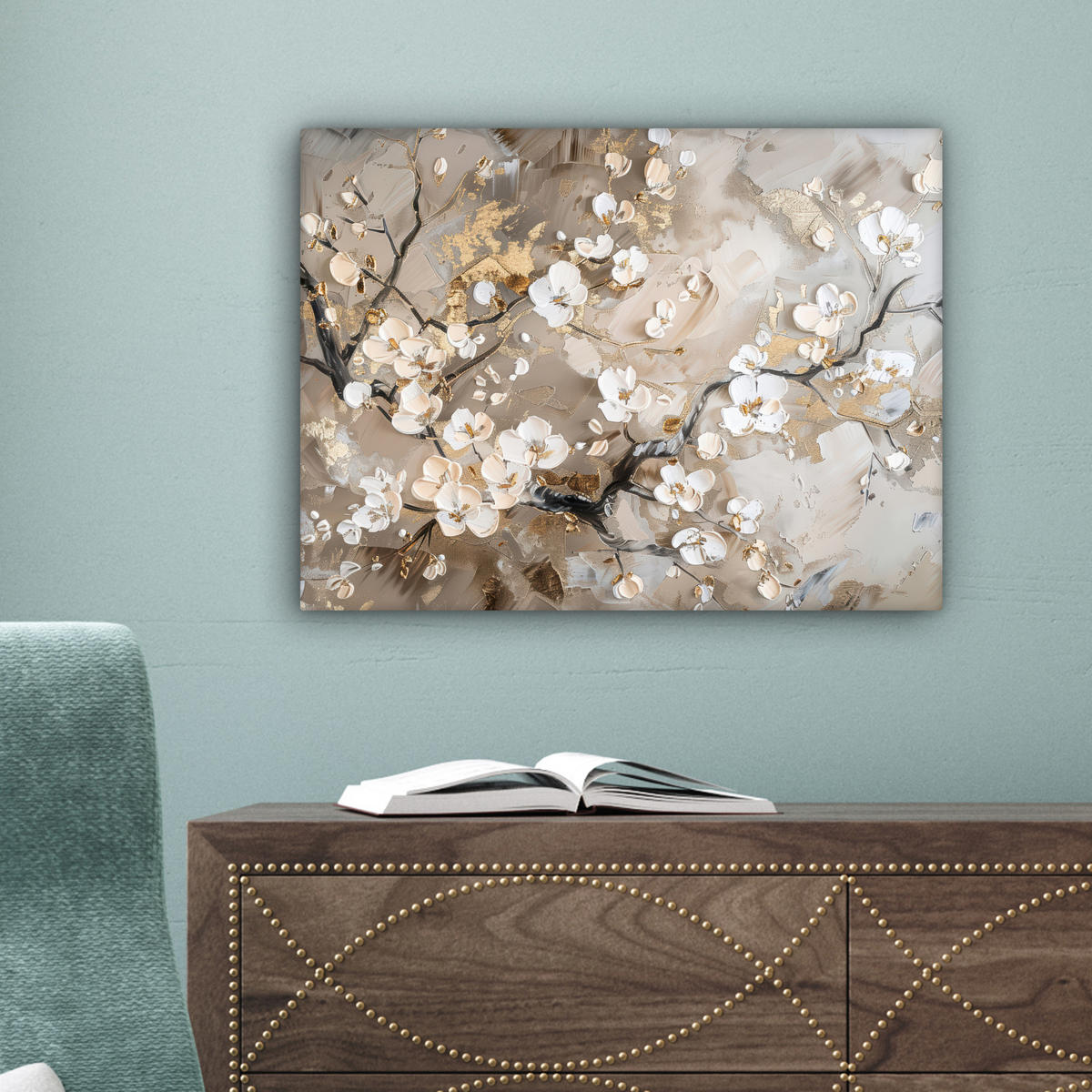LEINWANDBILD - Blumen - Weiß - Gold - Beige - Luxus - 40x30 - Wanddeko - Greige, Textil (40/30cm) - MuchoWow