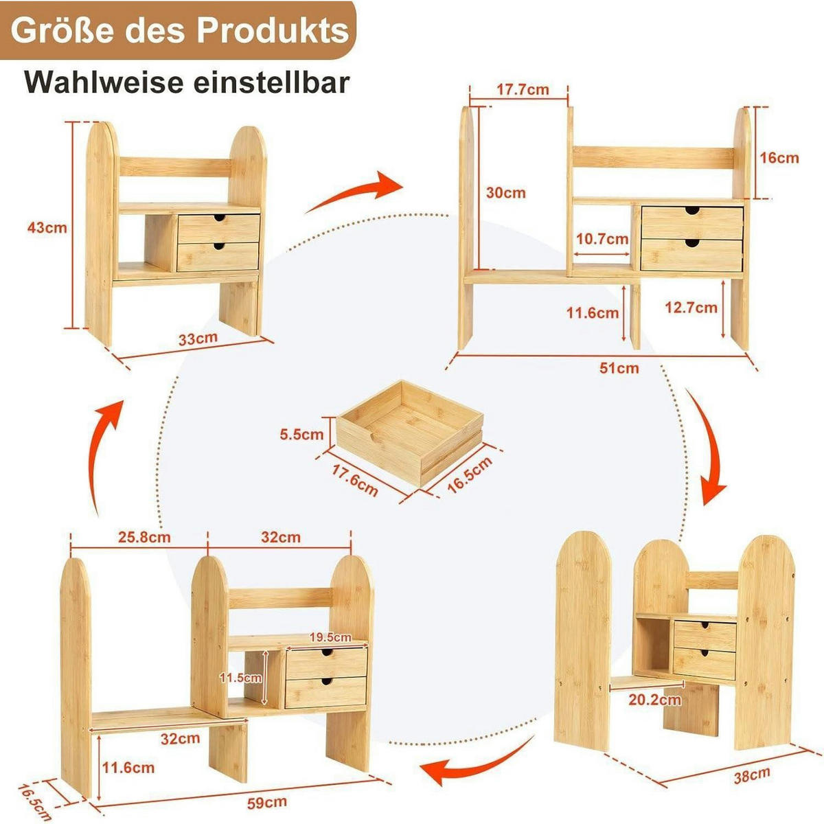 BÜCHERREGAL Bambus verstellbar mit Schubladen 59 cm - Hellbraun, Naturmaterialien (59/43/16.5cm)