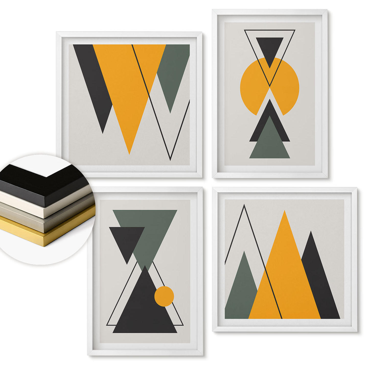 WANDBILDER 4er-Set - 50x50 cm & 40x60 cm Weißer Rahmen - Abstrakte geometrische Formen - Weiß, Kunststoff (50/50cm) - ArtPrintCave
