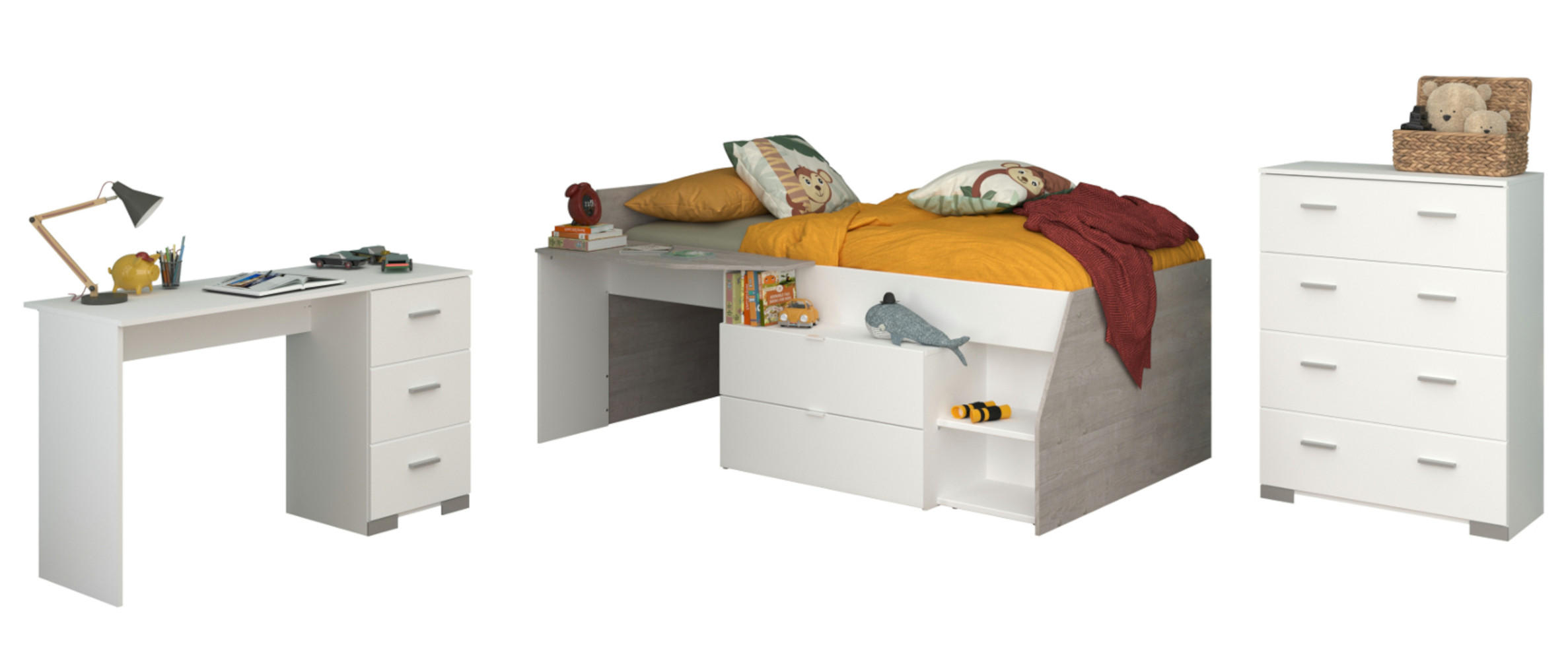 KINDERZIMMER weiß, grau, Komplett-Set mit Stauraumbett, Kommode, Schreibtisch - Silberfarben/Weiß, Holzwerkstoff/Kunststoff (135/106/203cm) - Parisot Meuble