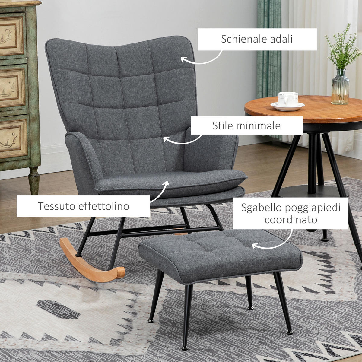 SCHAUKELSTUHL Hocker Leinen Holzoptik Belastbarkeit 130 kg Grau - Grau, Textil (89/90/64cm) - Vallsero