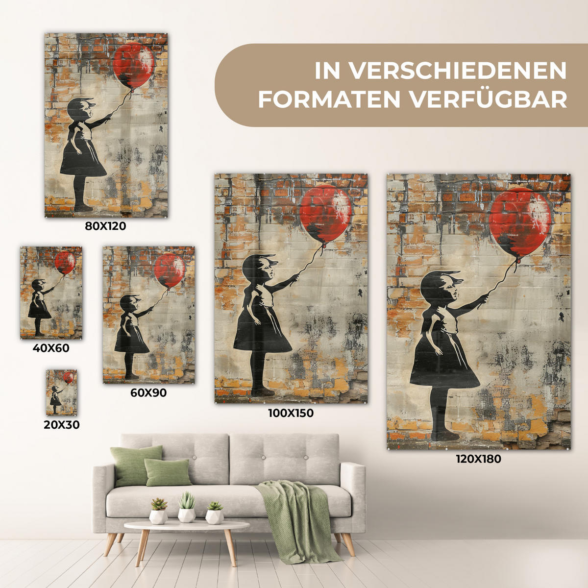 ACRYLGLASBILD Graffiti - Banksy - Mädchen - Straßenkunst 60x90 cm - Sandfarben, Glas (60/90cm) - MuchoWow