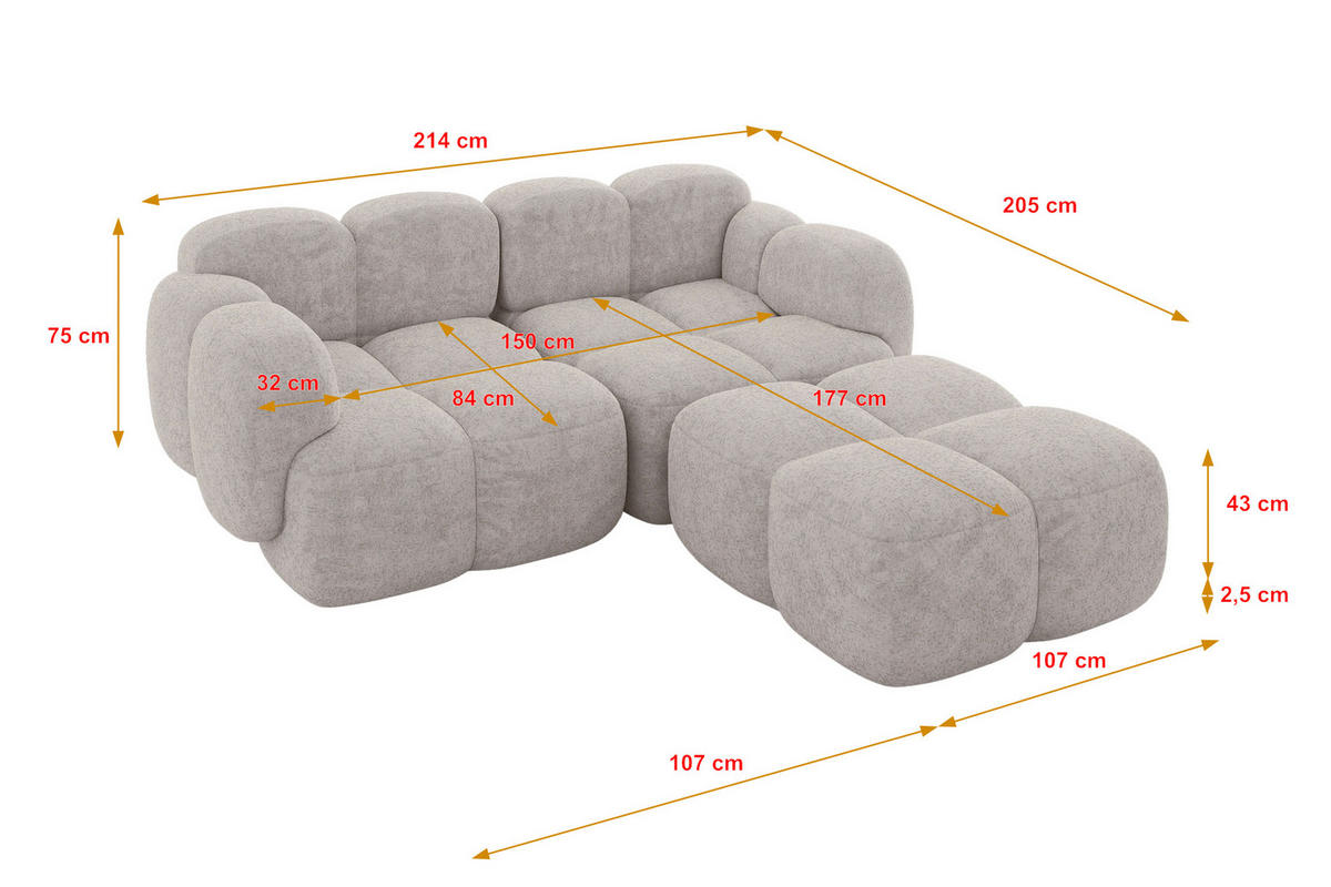 ECKSOFA modulares Sofa Rechts Miko-L1 214x205x75 Hellgrau Velours - Hellgrau/Schwarz, Holzwerkstoff/Kunststoff (214/205cm) - ALTDECOR