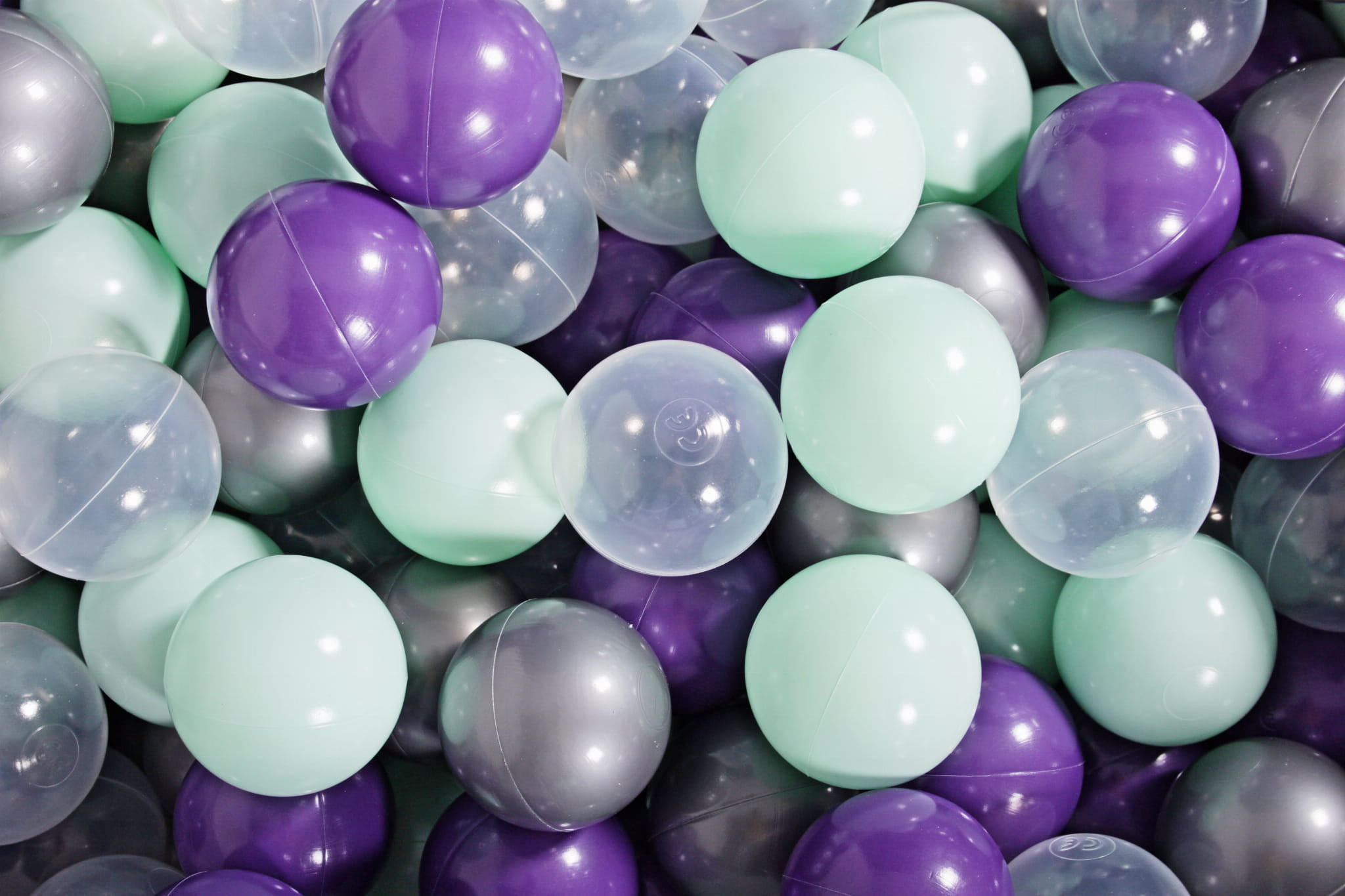 BÄLLE für Bällebad, Spielbälle, Plastikbälle für Kinder Set 300 pcs.: Violett/Mint/Silber/Transparent - Silbereichenfarben, Textil (7/7/7cm) - MeowBaby