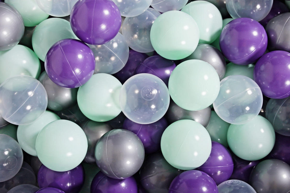 BÄLLE für Bällebad, Spielbälle, Plastikbälle für Kinder Set 50 pcs.: Violett/Mint/Silber/Transparent - Silbereichenfarben, Textil (7/7/7cm) - MeowBaby