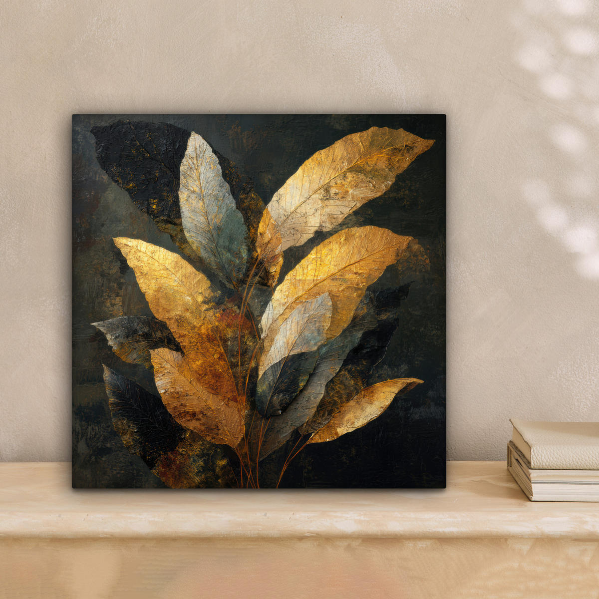 LEINWANDBILD Golden Leaf Komposition - Botanical Luxury Deko Wohnzimmer 20x20 cm - Goldfarben/Schwarz, Textil (20/20cm) - MuchoWow