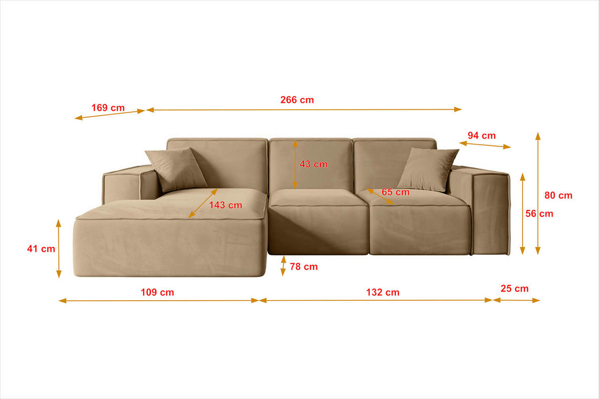 ECKSOFA Ottomane Rechts SERRA-L - 266x169x80 cm Hellgrau Cord - Hellgrau/Schwarz, Holzwerkstoff/Kunststoff (266/169cm) - ALTDECOR