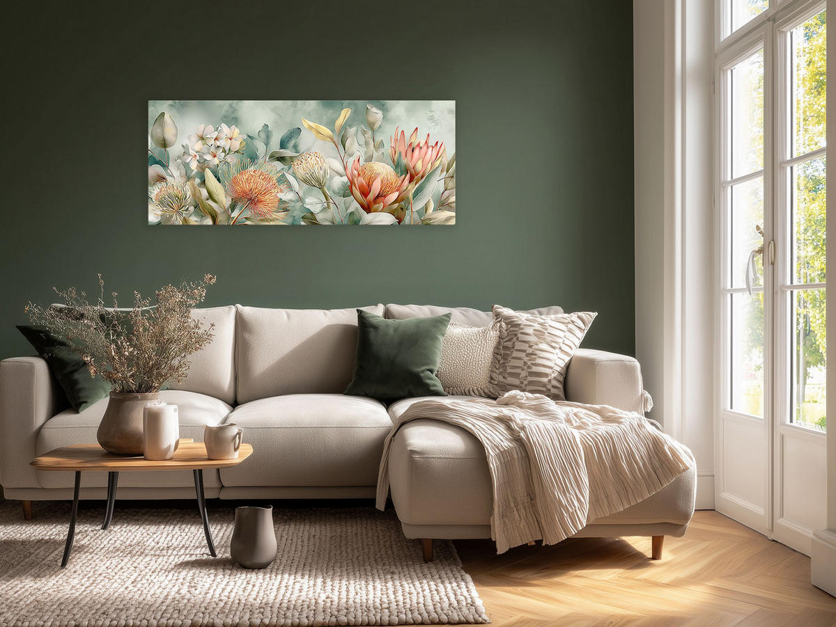 GLASBILD 125x50 cm Blumen salbei-grün - Beige, Glas (125/50cm) - artissimo