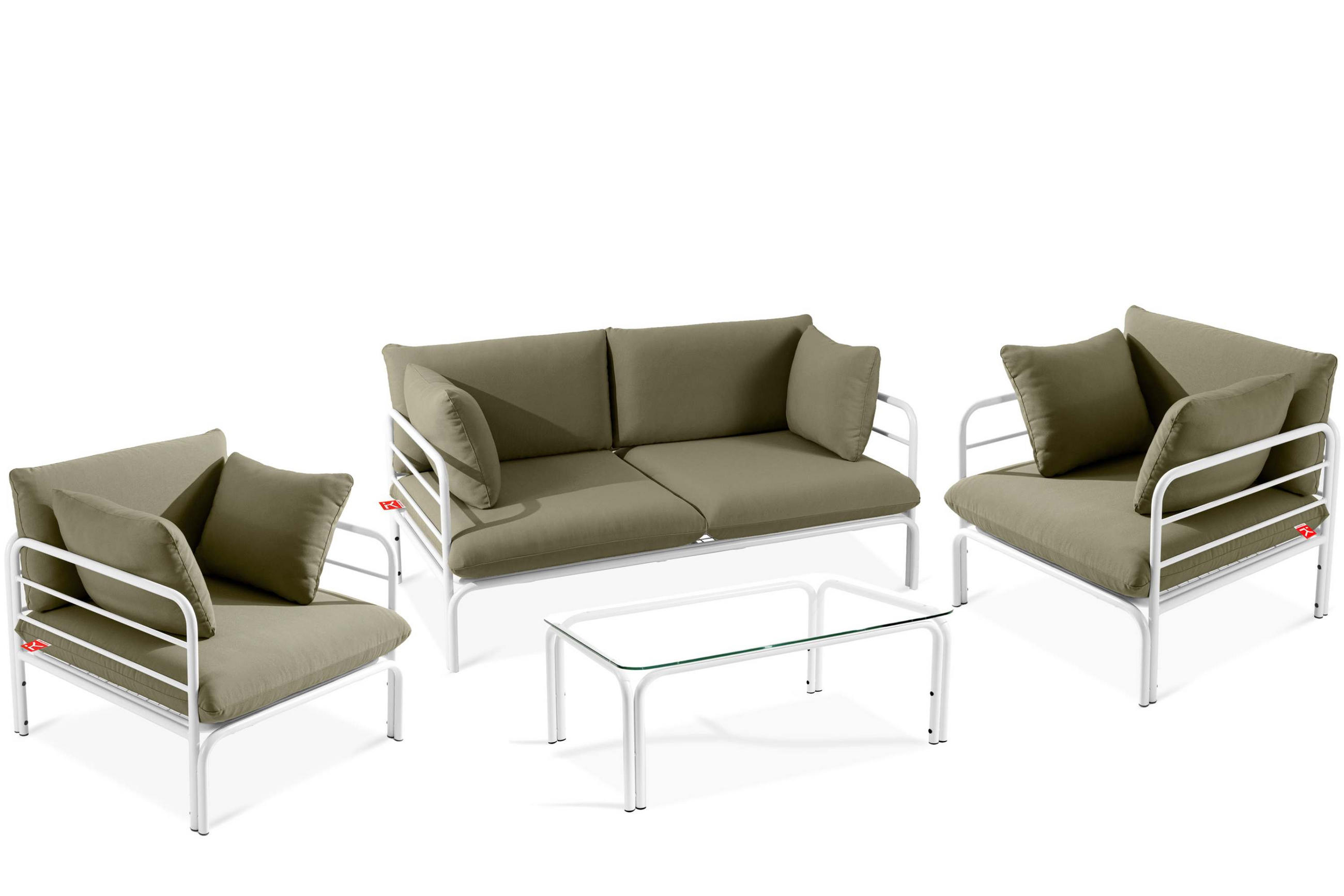 GARTENMÖBELSET RAMBE 4-tlg. 1x Tisch 2x Sessel 1x Sofa 2-Sitzer, mit Kissen, LOFT-STIL, Weiß/Cremeweiß - Weiß/Grau, Textil/Metall - KONSIMO®
