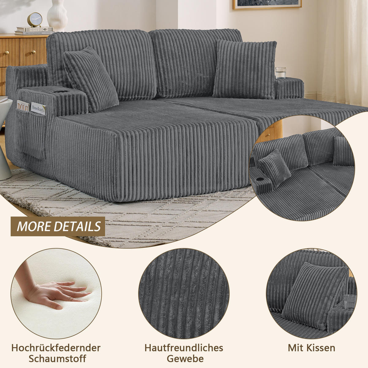 SCHLAFSOFA 186/154/78 cm Grau Cord mit seitlicher Magazintasche und Getränkehalter - Grau, Textil (186/78/154cm) - Oxeza